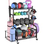 Mythinglogic Dumbbell Rack, Home Gym Storage Weight Rack for Dumbbells, Kettlebells Yoga Mat and Balls, Heavy Duty Sports Storage Rack with Wheels and Hooks, Powder Coated, Black