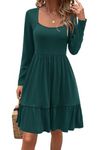 Newshows Womens 2024 Fall Dress Long Sleeve Square Neck Dresses Casual Fashion Cloth Outfits A-Line with Pockets(Green,XL)