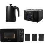 Salter COMBO-8856 Kuro Kettle Toaster Microwave Set – With Storage Canisters, Tea/Coffee/Sugar Tins, 1.7L Fast Boil Kettle, 4-Slice Toaster, Freestanding 20L Microwave Oven With Dial Control, Black