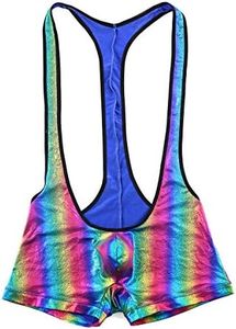 Mens Suspenders Wrestling Singlet Leotard Thong Bodysuit Jumpsuit Briefs Swimwear (M, Boxer Bodysuit Rainbow)