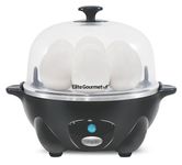 Elite Gourmet EGC710DKG Rapid Egg Cooker, 7 Easy-To-Peel, Hard, Medium, Soft Boiled Eggs, Poacher, Omelet Maker, Auto Shut-Off, Alarm, 16-Recipe Booklet, BPA-Free, Ash