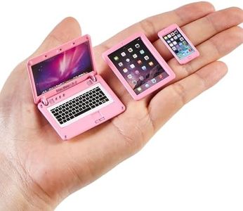 3 Pcs Dollhouse Furniture Accessories Miniature, 1:12 Scale Simulation Metal Laptop Tablet Smart Phone Stuff Doll House Mini Play Set Accessories (Pink)