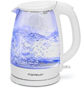 Aigostar Eve 30KHT - Glass Water Kettle with LED Lighting, 2200 Watts, 1.7 Liter, Boil-dry Protection, BPA Free, White