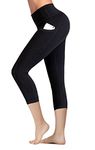 IUGA Capri Leggings with Pockets High Waist Cropped Trousers Yoga Pants for Women Running Active 3/4 Length Leggings for Workout Exercise & Fitness Black