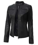 fjackets Black Leather Jackets For Women - Cafe Racer Moto Genuine Leather Jacket Women's Disc | [1313764] Dodg, L