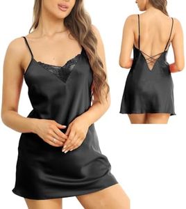 Belle Cherie Woven Lingerie Sexy V Neck Sleepwear Satin Nightgown Lace Mini Slip Chemise Size S-XXL, Black, X-Large