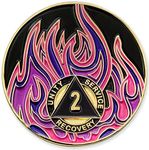 2 Year Sobriety Mint Twisted Flames Gold Plated AA Recovery Medallion/Chip - Black/Pink/Purple/Blue