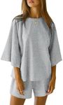 Tankaneo Womens Pajama Sets 3/4 Sleeve Oversized Tops and Elastic Waist Shorts Lounge Sets Loungewear, Grey, Small