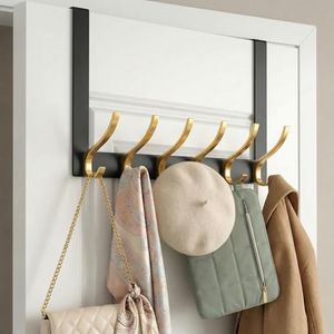 Peasulin 11" Over The Door Hooks for Hanging, Heavy Duty Door Towel Rack with Custom Gold Hooks, Anti-Scratch 4 Pads, 12 Dual-Layer Hooks for Bathroom Bedroom Kitchen (Black Gold)