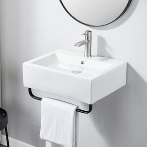 VCCUCINE Modern 21x16 Inch Wall Mounted Bathroom Vessel Sink with Towel Rack,White Rectangle Wall Hung or Countertop Porcelain Ceramic Lavatory Bath Vanity Sink Art Basin with Faucet Hole and Overflow