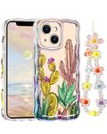 LONTECT for iPhone 13 Case Shockproof Slim Full Body Protective Cute Curly Wave Border Camera Protection Cover+Flower Beads Chain Girls Women Case for Apple iPhone 13,Colorful Cactus