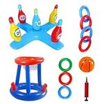 Mineup 11PCS Inflatable Swimming Pool Basketball Hoop Set, Inflatable Pool Basketball Hoop with Balls and Rings Inflatable Basketball Swimming Set Floating Basketball Hoop Swimming Game Toy for Kids