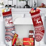 Knitted Christmas Stockings Set of 2, 18 inch Large Christmas Stocking Personalised Knitted Xmas Stocking Hanging for Fireplace Christmas Tree Decorations Sack, Santa and Reindeer Theme Gift Bags