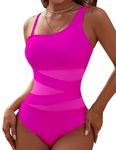 Blooming Jelly Women's Sexy One Piece Bathing Suits Slimming One Shoulder Swimsuits Mesh Swimwear(Medium,Deep Pink)