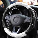 YOGURTCK Cute Diamond Soft Leather Anti-Slip Steering Wheel Cover with Bling Bling Crystal Rhinestones, Universal 15 Inch for Women Girls, Fit Vehicles, Sedans, SUVs, Vans, Trucks - Black and White