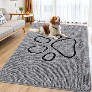 Smiry Dog Door Mat for Muddy Paws, Absorbent Dirt Trapper Non Slip Quick Dry Washable Chenille Mat for Mud Dogs, Entry Rug for Indoor and Outdoor (71x46 Inches, Grey)