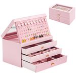 ProCase Jewelry Box for Women Girls, 4-Layer Large Jewelry Organizer Box with Glass Lid, Valentines Gift Jewelry Holder Organizer Jewelry Storage Case for Earrings Bracelet Necklace Rings -Pink