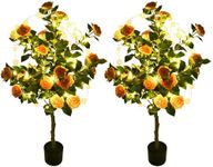 YITAHOME 4FT 2 Pack Artificial Orange Camellia Tree, 30 LED Prelit Fall Christmas Decor Flower Plants Artificial Tree, Faux Floral Plant Blooming Tree for Indoor Outdoor Office Home Porch Decor