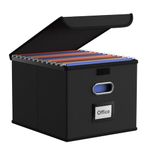 Portable File Organizer Box with Lid with Plastic Slide, Collapsible Linen Hanging Home/Office Filing System Box for File and Folders Storage (Black)