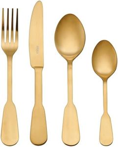 Mikasa Soho Gold 16-Piece Stainless Steel Cutlery Set - Matte Gold Finish | Rust-Resistant 18/0 Stainless Steel with Brass Coating | Includes 4 Knives, 4 Forks, 4 Dessert Spoons, and 4 Teaspoons