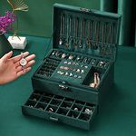 Citaaz Large Green 3layers Velvet Jewelry Box, Fashion Fannel Jewelry Organizer with Safety Lock for Earring Necklace Makeup