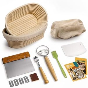Rorecay Banneton Bread Proofing Baskets Set of 2, 10 Inch Oval Cane Sourdough Bread Rising Basket Bowls with Sourdough Bread Lame Dough Scraper Basting Brush for Sour Dough Proofing Fermentation