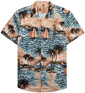 Alimens & Gentle Hawaiian Shirt Cotton Regular Fit Short Sleeve Casual Beach Shirt for Men, Yellow Beach Blue, Small