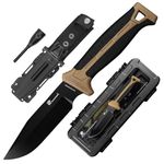 HX OUTDOORS Extra Sharp Bushcraft Knife with Fire Starter, Premium D2 Steel Fixed Blade Survival Camping Knife with Plastic Sheath for Outdoor, Hiking, Backpacking (Brown)