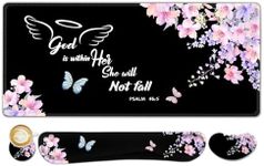 ARTSO Large Mouse Pad Keyboard Wrist Rest Support Combo, Memory Foam Wrist Pad, Extended Desk Mat Protector, God is Within Her Desk Blotter, Psalm Flower Butterfly