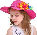 Kids Multi-Colors Large Brim Flower Beach Sun Hats, Colorful Flower Style_fuchsia, One Size