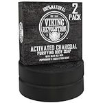 Viking Revolution Skin Cleaning Agent Activated Charcoal Soap for Men w/Dead Sea Mud, Body and Face, Cleanser,Cleansing Blackheads - Peppermint & Eucalyptus Scent 1 Fl Oz (Pack of 2)