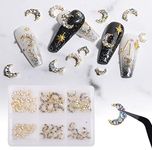 Katfan 60 Pcs Moon Nail Charms, Shining Gold Nail Rhinestones with Moon Diamond Gem Pearl, Crystals Nail Studs Nail Art Decorations Accessories for DIY Nail Art Craft Jewelry with Box