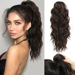 FINE PLUS Ponytail Extension Claw Clip in Ponytail Hair Extensions Synthetic Claw Curly Ponytail Extension for Women 18inch Curly Wave Claw Clip Ponytail Hairpiece Dark Chocolate Brown