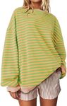 UEU Oversized Sweatshirts for Women Loose fit Crewneck Pullover Soft Comfy Workout Sweatshirt Yellow Green Striped Medium