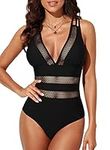 EVALESS Womens Trendy Mesh V Neck One Piece Swimsuits Tummy Control High Waisted Bathing Suits Cross Back Hollow Out Black Swimwear Large