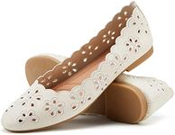 Women's Ballet Flats Black PU Leather Dress Shoes Comfortable Round Toe Slip on Flats with Floral Eyelets, Beige, 7