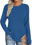 Zeagoo Womens Tops Long Sleeve Dressy Casual Tunic Trendy 2024 Fall Shirts Round Neck Pleated Front Tops, Deep Sky Blue XL