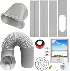 JENCEAILL Portable AC Window Vent Kit, Adjustable Vertical/Horizontal Sliding Window Kit Plate for AC Unit, AC Window Vent Kit, AC Window Seal with 5.9 Inch Diameter, 59 Inch Length Exhaust Hose