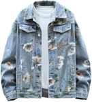GMOYD Mens Floral Print Denim Jacket Couple Oversized Jean Coat Unisex Basic Jacket, Blue, X-Large