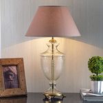 KAPOOR E-ILLUMINATIONS Mystic Hand Cut Glass and Brass Casted Base Table Lamp with Cotton Shade (Beige)