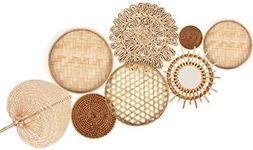 Unittype Wall Basket Decor Set of 8 Boho Wicker Wall Handmade Decor with Rattan Mirror Farmhouse Woven Wall Hanging Basket Decor for Bathroom Bedroom Living Room