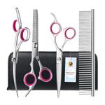 Foodie Puppies Stainless Steel Professional Dog Grooming Scissors Set - (4 pcs) Thinning, Curved, Round Tips Straight Scissors and Comb for Long Short Hair for Dogs and Cats