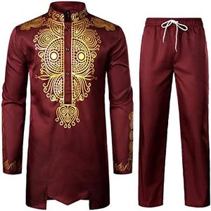 LucMatton Conjunto de 2 piezas africano de manga larga con estampado dorado Dashiki y pantalones traje tradicional para hombre, granate, L
