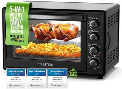 Stillstern Minibackofen mit Umluft (45L) NEU: CYCLONE PRO+ (Antihaftbeschichtung), DE Version, Airfryer-Einsatz, Rezeptheft, Drehspieß, 2000W Toaster Grill Pizzaofen Mini Backofen Ideal für Camping