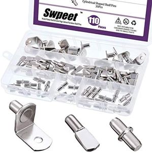 Swpeet 110Pcs 3 Styles Shelf Pins Assortment Kit, Top Quality Nickel Plated Shelf Bracket Pegs Cabinet Furniture Shelf Pins Support for Shelf Holes on Cabinets, Entertainment Centers