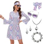 MRYUWB 70s Women Disco Dress Hippie Costumes Necklace Earrings Glasses, 60s 70s Birthday Outfits, 1970s Clothing Prom Dresses