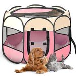 MAK7 ONLINE BIZ Portable Folding Pet Dog Cage,Dog House Large Tent and Playpen,Octagonal Design, 91cm x 91cm x 58cm, Size -L -Pink&White