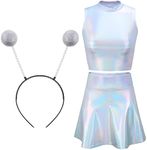 Metallic Top Sleeveless Crop Tank Top Pleated Skirt with Headband for Raves Alien Costume Halloween Cosplay, Metallic Silver, Large