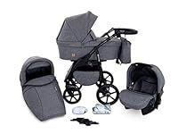 GaGaDumi Boston Pram 3 in 1 Set - Travel System Baby Pushchair Buggy - Lightweight Foldable - Rear and Front Facing - Infant Car Seat and Accessories Gray Jeans