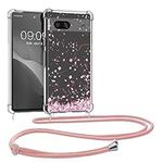 kwmobile Crossbody Case Compatible with Google Pixel 7a Case Strap - Cherry Blossoms Pink/Dark Brown/Transparent